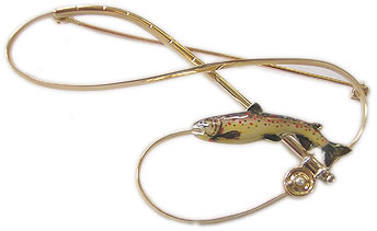 enamel trout and rod brooch