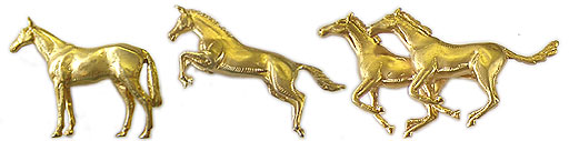 Three gold horse brooches, inspired by Steeple Chase